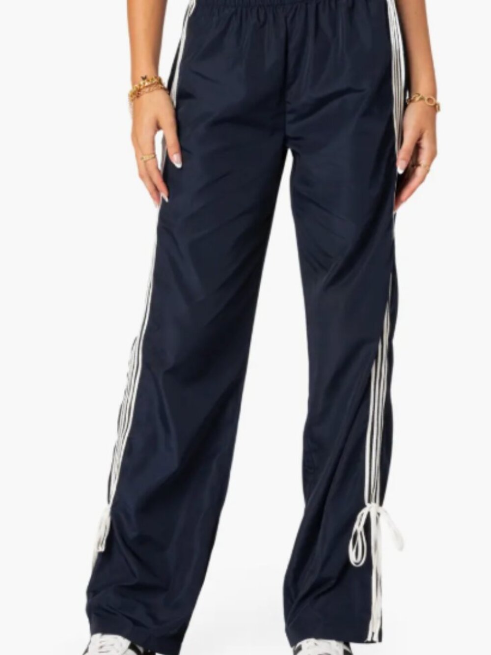 Edikted Remy Tie Detail Track Pants Navy Blue White Stripe Casual Size Small